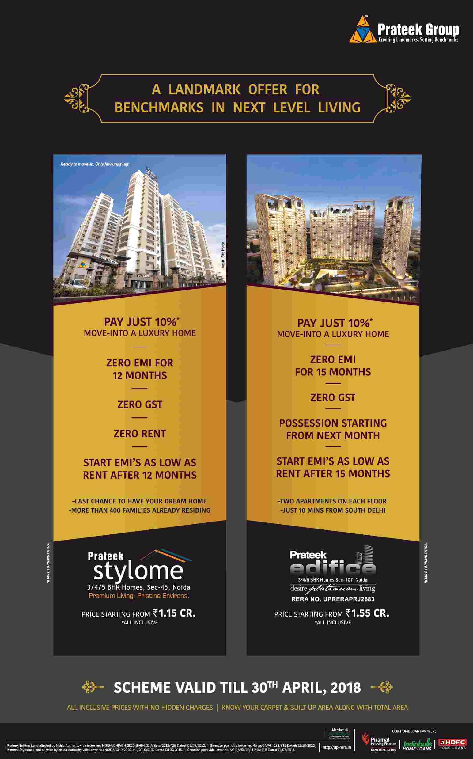 A landmark offer for benchmarks in next level living at Prateek Group Properties in Noida Update